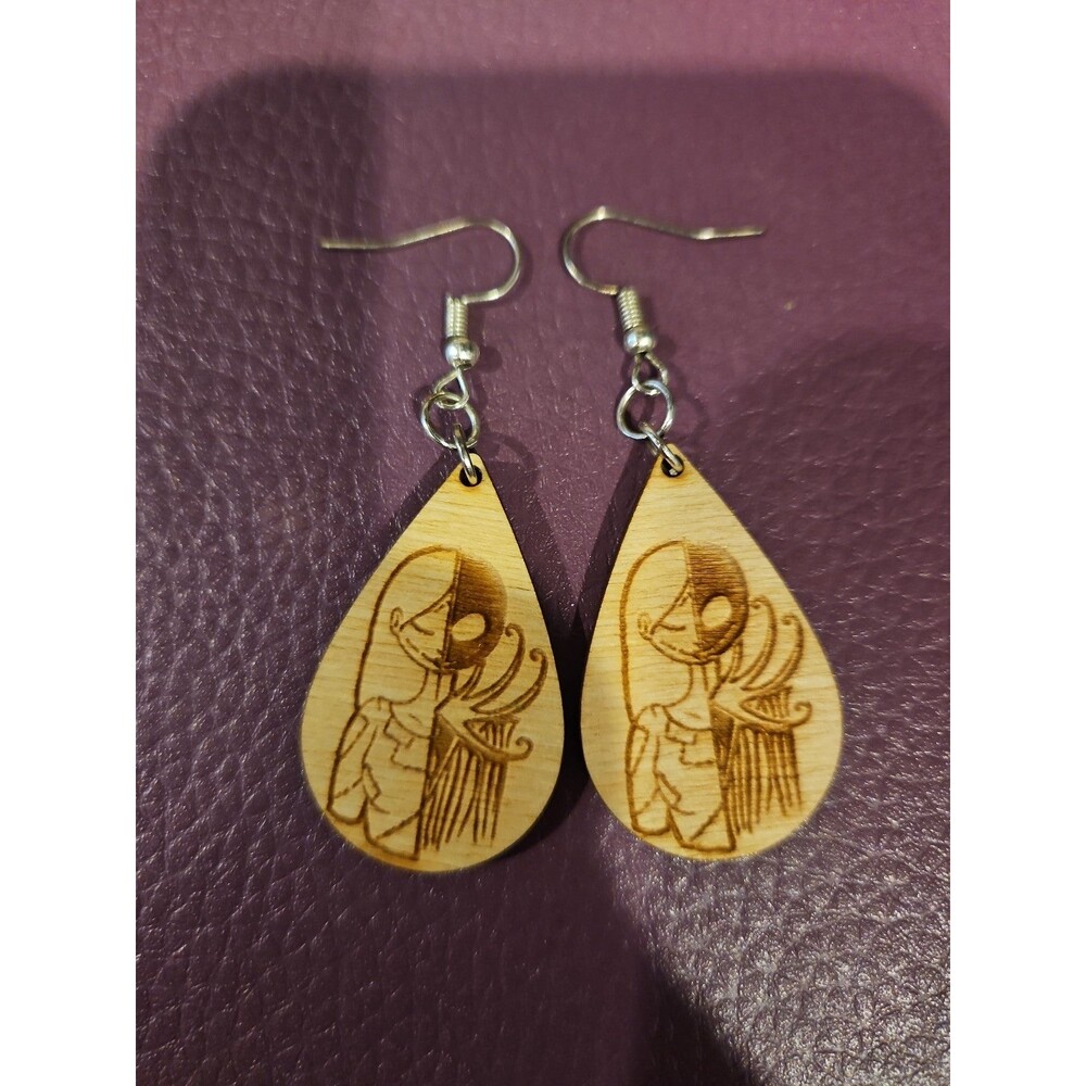 Handmade Nightmare Before Christmas wooden Sally and Jack Skellington earrings
